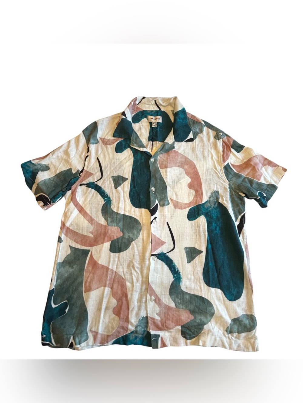 Abstract Print Short-Sleeve Button-Down Shirt - Teal & Blush